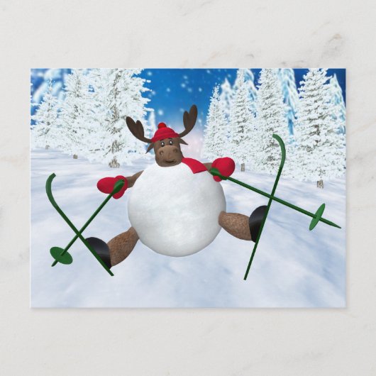 Whimsical Rentier: Clumsy Skier Postkarte (Vorderseite)