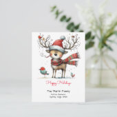 Whimsical Rentier in einer Weihnachtsmannmütze Hap Postkarte (Stehend Vorderseite)