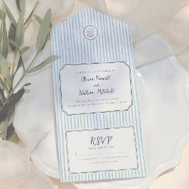 Whimsical Retro Blaue Streifen Hochzeit All In One Einladung