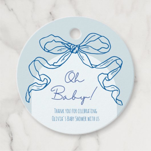 Whimsical Retro Blue Hand Drawn Bow Baby Dusche Geschenkanhänger (Vorderseite)