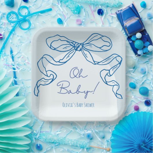 Whimsical Retro Blue Hand Drawn Bow Baby Dusche Pappteller (Party)