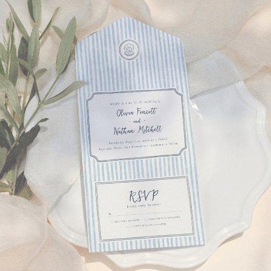 Whimsical Retro Blue Stripes Wedding All In One Einladung