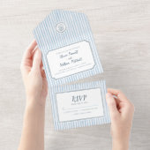 Whimsical Retro Blue Stripes Wedding All In One Einladung (Abreißen)