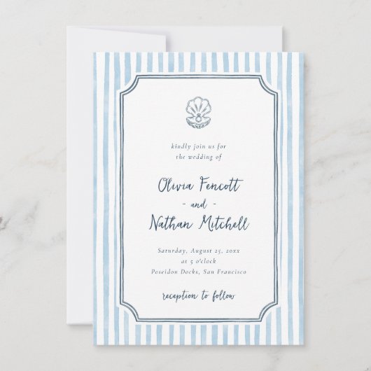 Whimsical Retro Blue Stripes Wedding Einladung (Vorderseite)