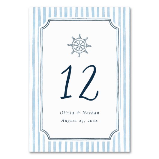 Whimsical Retro Blue Stripes Wedding Table Number Tischnummer (Vorderseite)