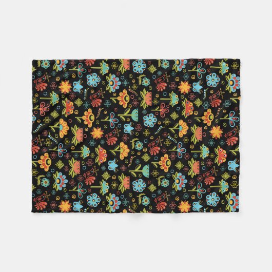 Whimsical Retro Blume und Vögel Fleecedecke (Vorderseite (Horizontal))