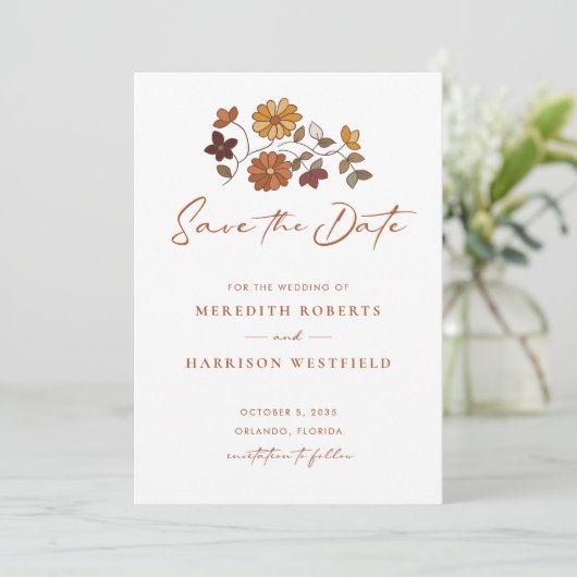 Whimsical Retro Boho Floral Wedding Save The Date (Stehend Vorderseite)