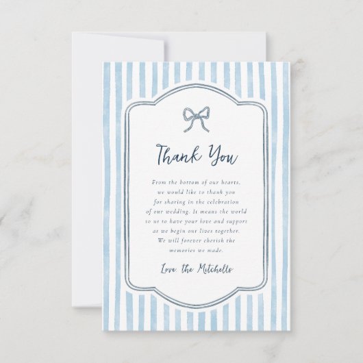 Whimsical Retro Bow & Blue Stripes Wedding Dankeskarte (Vorderseite)