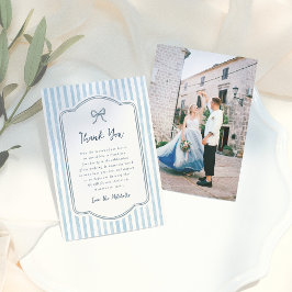 Whimsical Retro Bow & Blue Stripes Wedding Dankeskarte