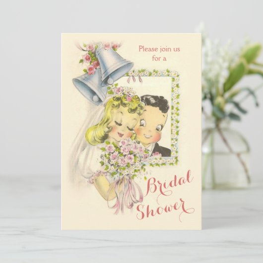 Whimsical Retro Bridge and Groom Brautparty Einladung (Stehend Vorderseite)