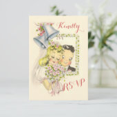 Whimsical Retro Bridge and Groom Wedding RSVP Karte (Stehend Vorderseite)