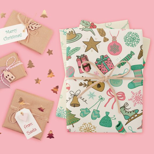 Whimsical Retro Christmas Doodles Geschenkpapier Set