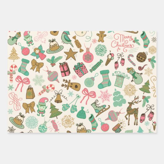 Whimsical Retro Christmas Doodles Geschenkpapier Set (Vorderseite)