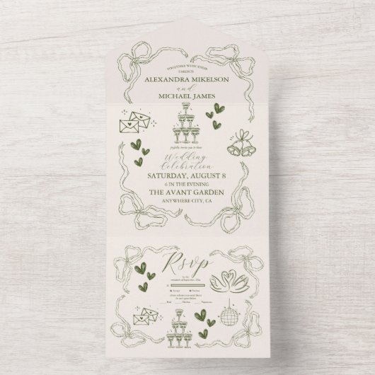 Whimsical Retro Doodle Art Wedding All In One Einladung (Innen Boden)