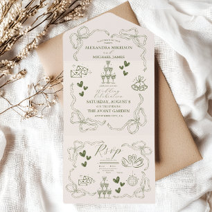 Whimsical Retro Doodle Art Wedding All In One Einladung