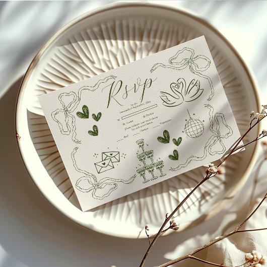 Whimsical Retro Doodle Art Wedding RSVP Karte