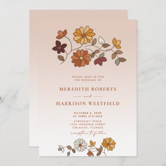 Whimsical Retro Floral QR Code Hochzeit Einladung (Vorne/Hinten)