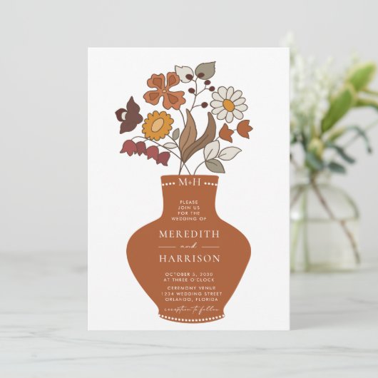 Whimsical Retro Floral QR Code Hochzeit Einladung (Stehend Vorderseite)