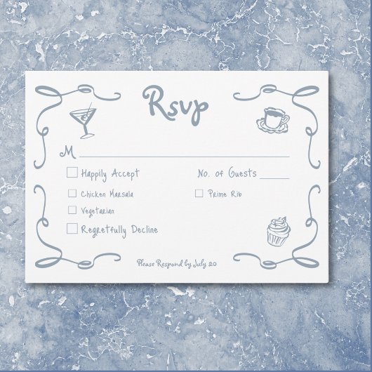 Whimsical Retro Hand Drawn Dusty Blue Wedding RSVP Karte