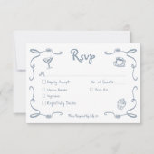 Whimsical Retro Hand Drawn Dusty Blue Wedding RSVP Karte (Vorderseite)