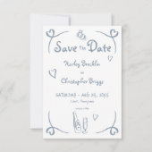 Whimsical Retro Hand Drawn Dusty Blue Wedding Save The Date (Vorderseite)