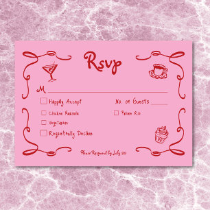 Whimsical Retro Hand gezeichnet rosa Rosa Hochzeit RSVP Karte