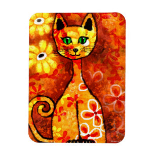 Whimsical Retro Kitty Cat Abstrakt Art Orange Magnet