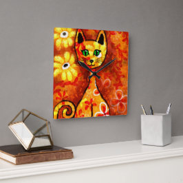 Whimsical Retro Kitty Cat Abstrakt Art Orange Quadratische Wanduhr