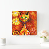 Whimsical Retro Kitty Cat Abstrakt Art Orange Quadratische Wanduhr (Zuhause)