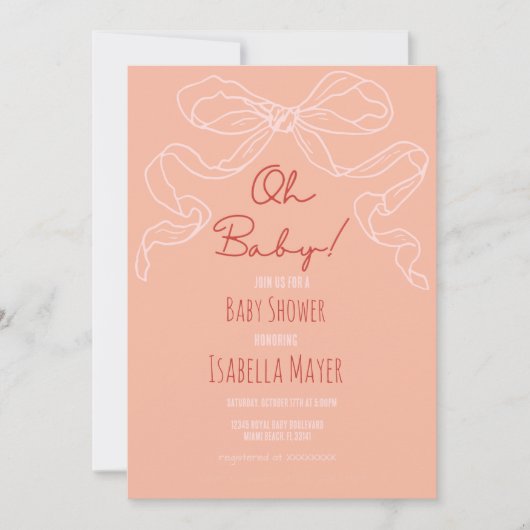 Whimsical Retro Peach Hand gezeichnete Bow Baby Du Einladung (Vorderseite)