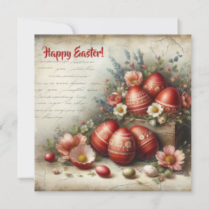 Whimsical Retro Rote Ostereier Frühlingsblumen Feiertagskarte