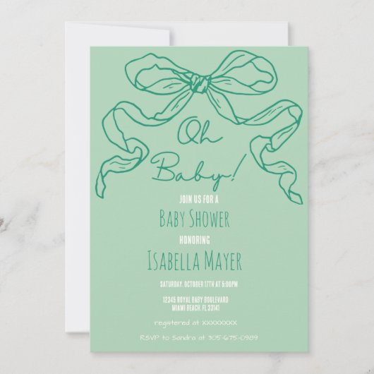 Whimsical Retro Sage Hand Drawn Bow Baby Dusche Einladung (Vorderseite)