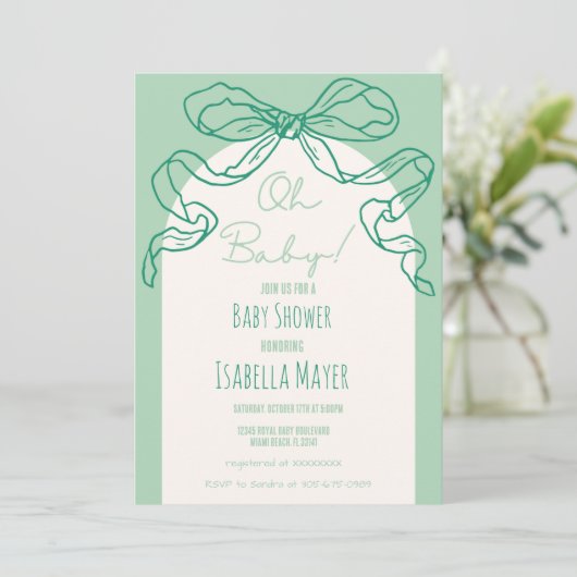 Whimsical Retro Sage Hand Drawn Bow Baby Dusche Einladung (Stehend Vorderseite)