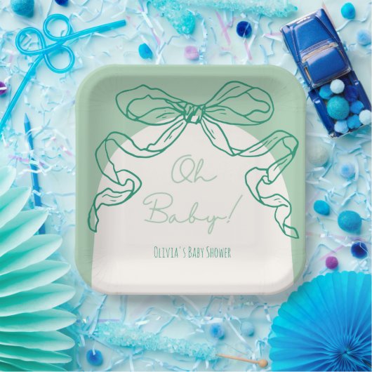 Whimsical Retro Sage Hand Drawn Bow Baby Dusche Pappteller (Party)