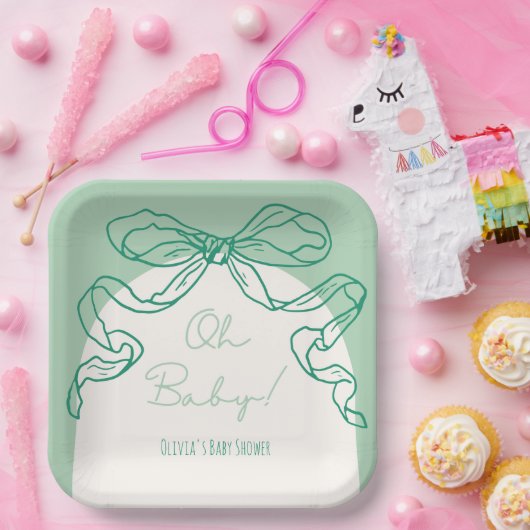 Whimsical Retro Sage Hand Drawn Bow Baby Dusche Pappteller (Party)