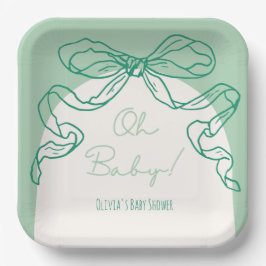 Whimsical Retro Sage Hand Drawn Bow Baby Dusche Pappteller