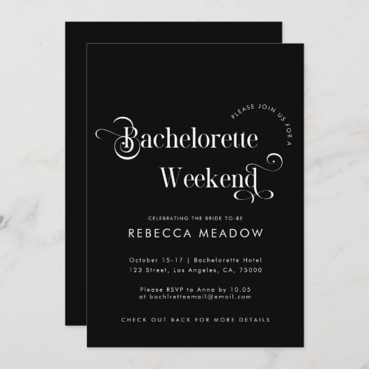 Whimsical Retro Script Black Junggeselinnen-Abschi Einladung (Vorne/Hinten)