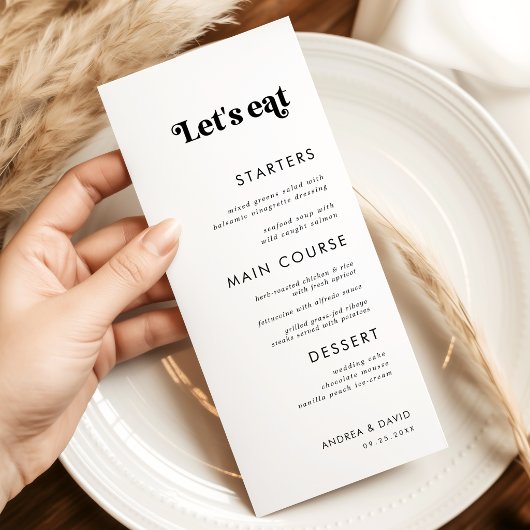 Whimsical Retro Script essen wir Minimale Hochzeit Menükarte