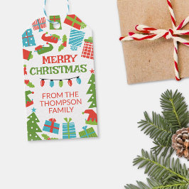 Whimsical Retro Tree & Geschenke Frohe Weihnachten Geschenkanhänger