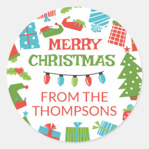 Whimsical Retro Tree & Geschenke Frohe Weihnachten Runder Aufkleber