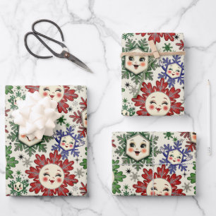 Whimsical Retro Weihnachten Schneeflocken Geschenkpapier Set