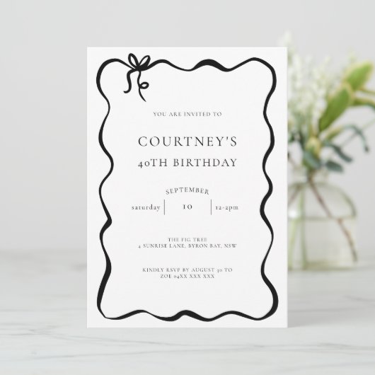 Whimsical Ribbon Bow 40th Birthday Party Einladung (Stehend Vorderseite)
