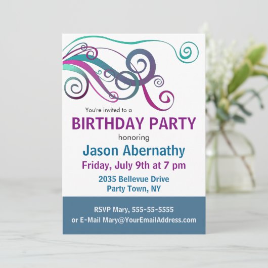 Whimsical Ribbon Curls Party einladen Einladung (Stehend Vorderseite)