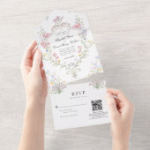 Whimsical Rococo Floral Crest Wedding QR Code Rsvp All In One Einladung (Abreißtisch)