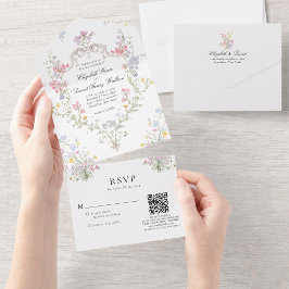 Whimsical Rococo Floral Crest Wedding QR Code Rsvp All In One Einladung