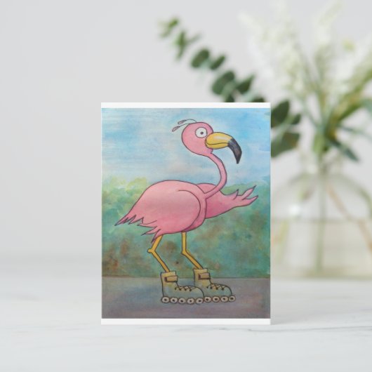 Whimsical Roller Skaten Roller Blading Flamingo Postkarte (Stehend Vorderseite)