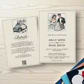 Whimsical Romantic Bride Groom 50er Comic Hochzeit Einladung