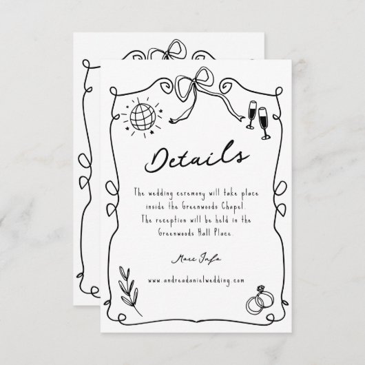 Whimsical Romantic Hand gezeichnet Hochzeitdetails Begleitkarte (Vorne/Hinten)