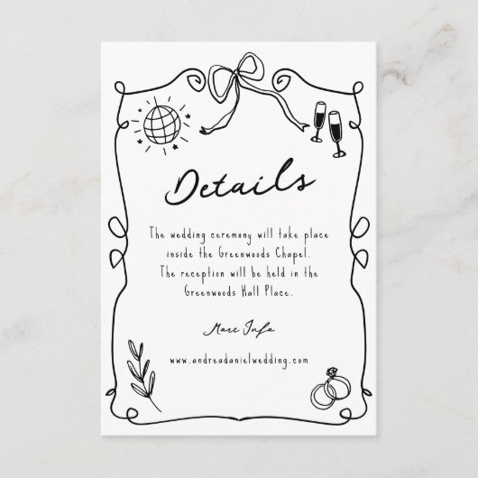 Whimsical Romantic Hand gezeichnet Hochzeitdetails Begleitkarte (Vorderseite)