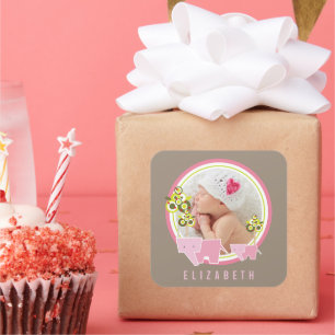 Whimsical Rosa Elefanten Familie Baby Mädchen Foto Quadratischer Aufkleber